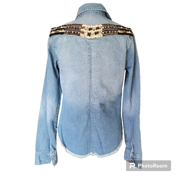 Miss Me womens denim button up western rodeo boho cowgirl beaded embellish top - Picture 2 of 12